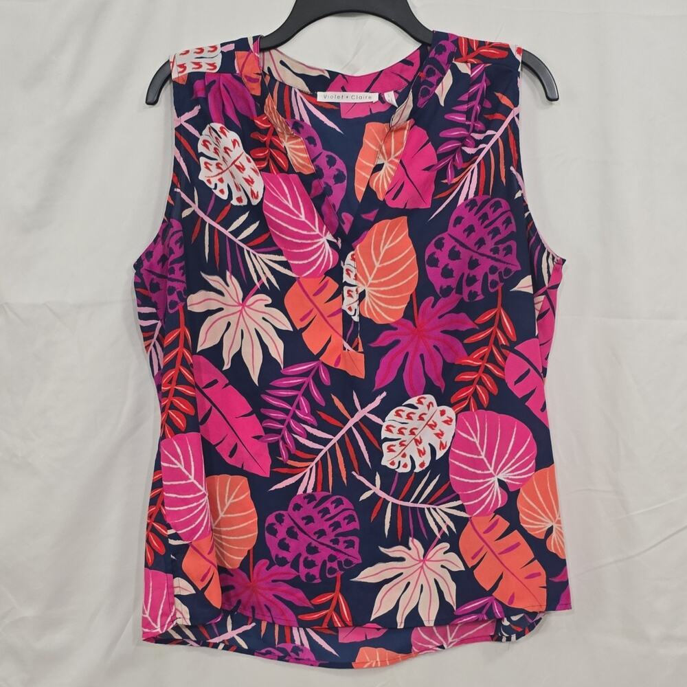 Violet & Claire Womens L Navy Pink Sleeveless Tropical Floral V-Neck Blouse